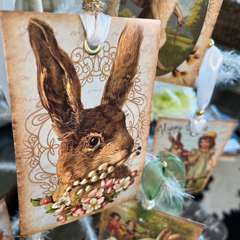 Kathryn Clarke  Easter Card Ornaments/tag with White Ribbons and Luxury